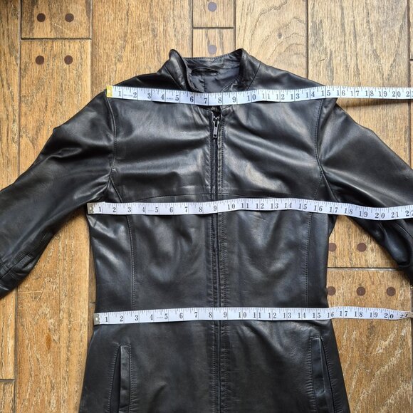 Vintage long black genuine leather coat, European size 38 - Picture 15 of 16